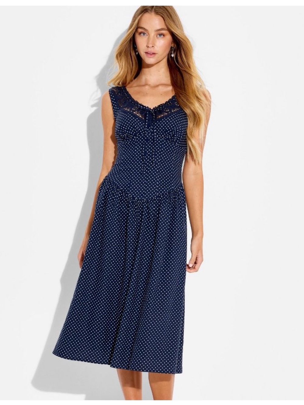 Target Women’s Sleeveless Navy Polka Dot Midi Dress with Lace Trim